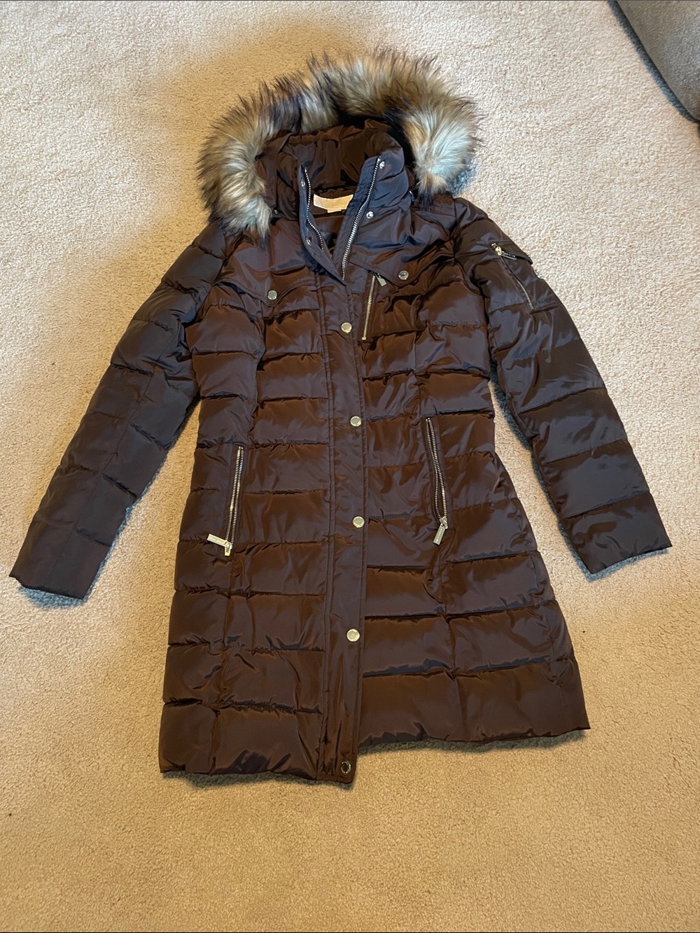 Michael Kors Dark Brown Quilted Faux-Fur Hooded Puffer Coat
